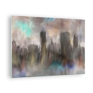 Obraz na szkle - Abstrakcyjny obraz miasta z wieżowcami - 70x50cm - Kompozycja ze stali, kamienia i mgły - Nowoczesna dekoracja ścienna do salonu i sypialni ARTTOR