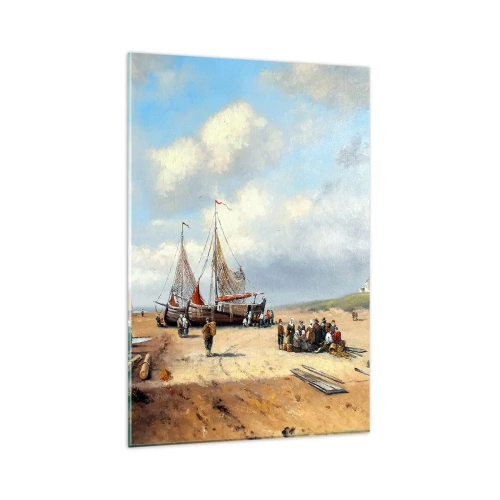 Obraz na szkle - Rybackie łodzie na plaży z postaciami ludzi - 80x120cm - Po udanym połowie - Nowoczesna dekoracja ścienna do salonu i sypialni ARTTOR