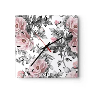 Zegar ścienny - Różowe róże i liście w delikatnym czarno-białym tle - 30x30cm - Zagubić się w kwiatach róż - Nowoczesna dekoracja ścienna do salonu i sypialni ARTTOR