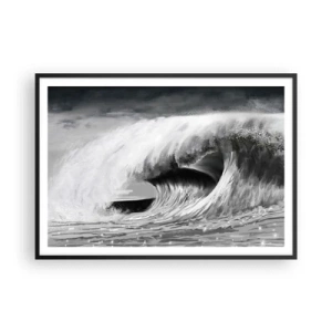 Plakat w czarnej ramie - Dramatyczna fala oceaniczna w monochromatycznym ujęciu - 100x70cm - Gniew oceanu - Nowoczesna dekoracja ścienna do salonu i sypialni ARTTOR
