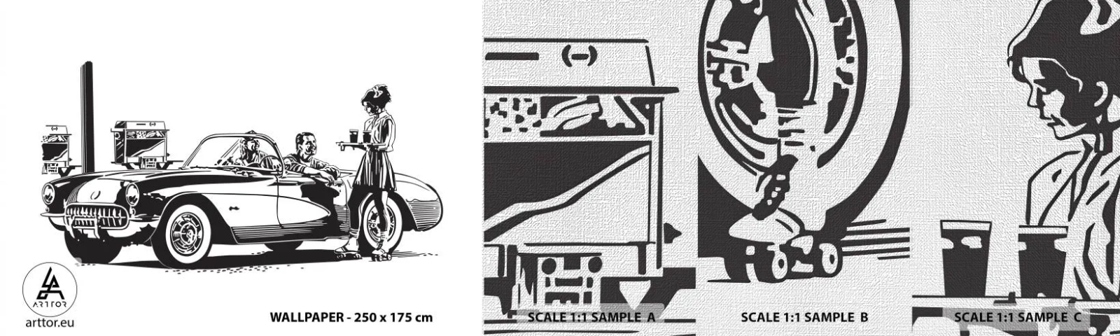 Fototapeta Próbka Premium Canvas - 60. - beztroska Ameryka - Samochód Vintage, Stacja Benzynowa, Ameryka - 100x30 cm