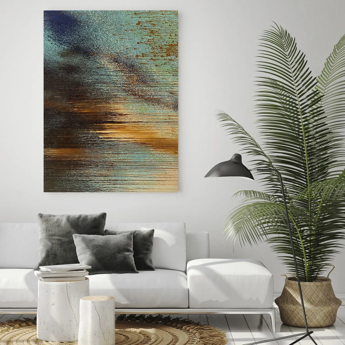Obraz na szkle - Abstrakcyjne linie i plamy w złocie, błękicie i czerni - 50x70cm - Nieprzypadkowa barwna kompozycja - Nowoczesna dekoracja ścienna do salonu, kuchni i sypialni ARTTOR