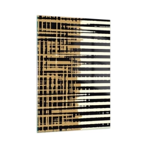 Obraz na szkle - Geometryczne pasy i linie w odcieniach czerni i złota - 50x70cm - Architektoniczna abstrakcja - Nowoczesna dekoracja ścienna do salonu, kuchni i sypialni ARTTOR