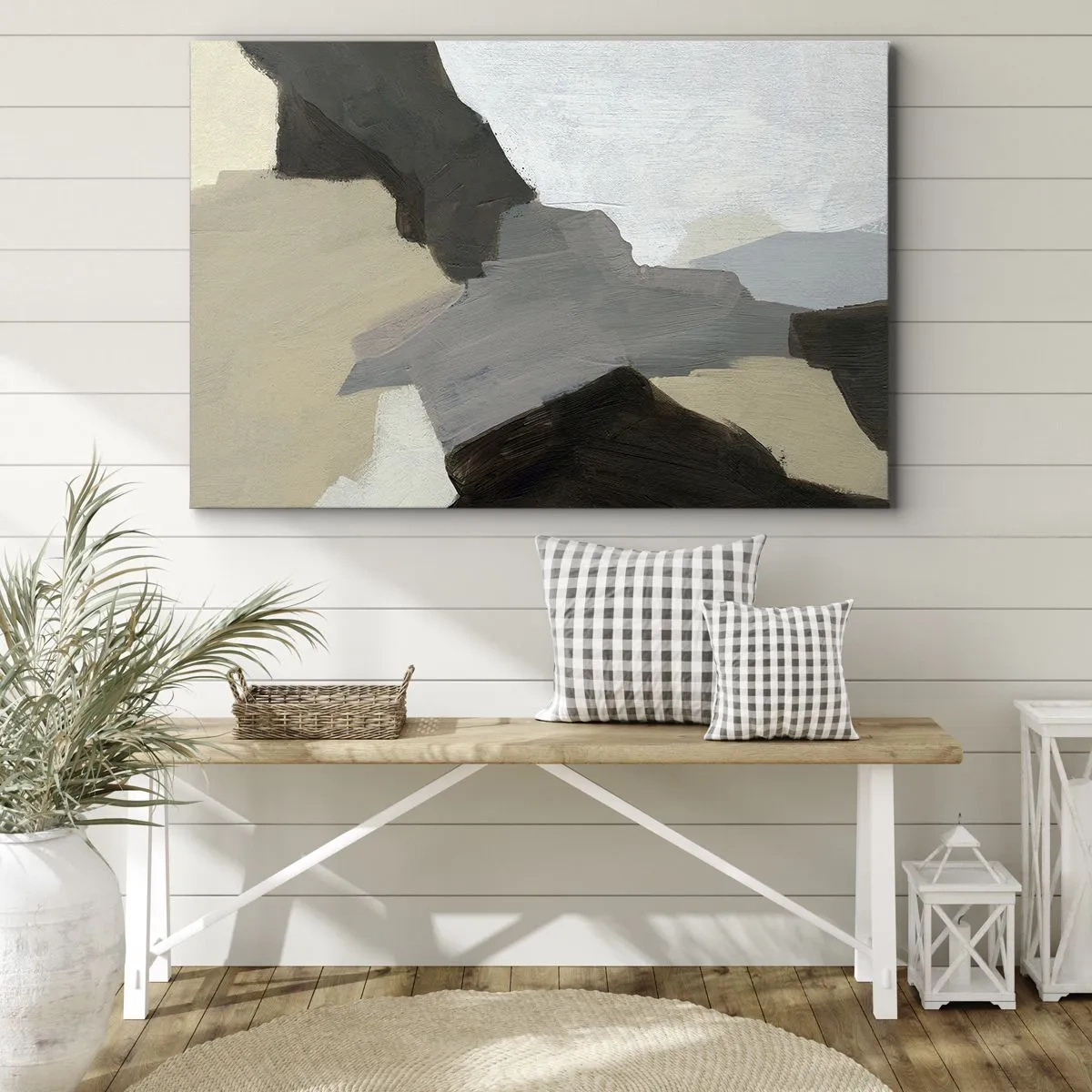 Obraz na płótnie - Abstrakcyjne formy w odcieniach beżu, brązu i szarości - 70x50cm - Abstrakcja: rozstaje szarości - Nowoczesna dekoracja ścienna do salonu i sypialni ARTTOR