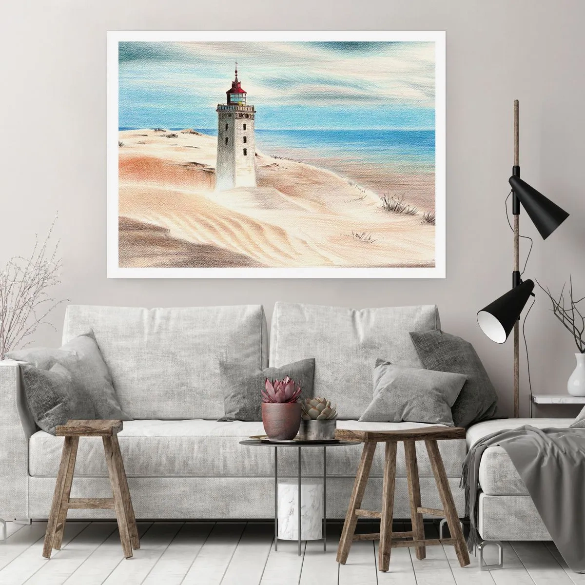 Plakat - Latarnia morska w otoczeniu piaszczystych wydm i błękitnego nieba - 100x70cm - Zawsze wpatrzona w morze - Nowoczesna dekoracja ścienna do salonu i sypialni ARTTOR