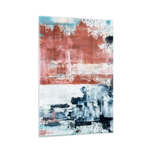 Obraz na szkle - Abstrakcja w biało-niebieskich i ceglanych barwach - 80x120cm - Abstrakcyjne pół na pół - Nowoczesna dekoracja ścienna do salonu i sypialni ARTTOR