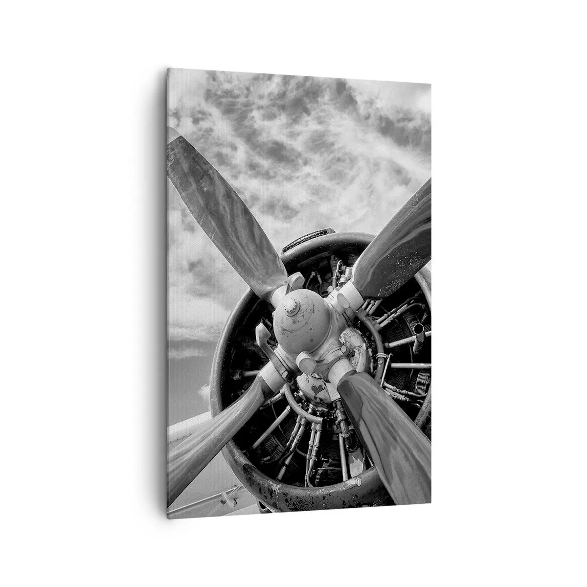 Obraz na płótnie - Czarno-białe zdjęcie śmigła samolotu na tle dynamicznego nieba - 80x120cm - Pogromca przestworzy - Nowoczesna dekoracja ścienna do salonu i sypialni ARTTOR