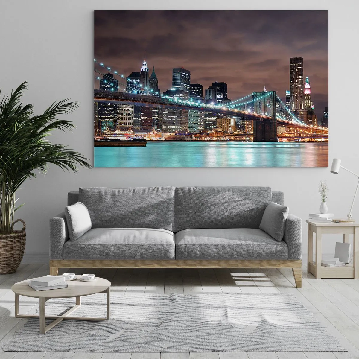 Obraz na szkle - Nocna panorama miasta z podświetlonym mostem - 70x50cm - Światła wielkiego miasta - Nowoczesna dekoracja ścienna do salonu i sypialni ARTTOR