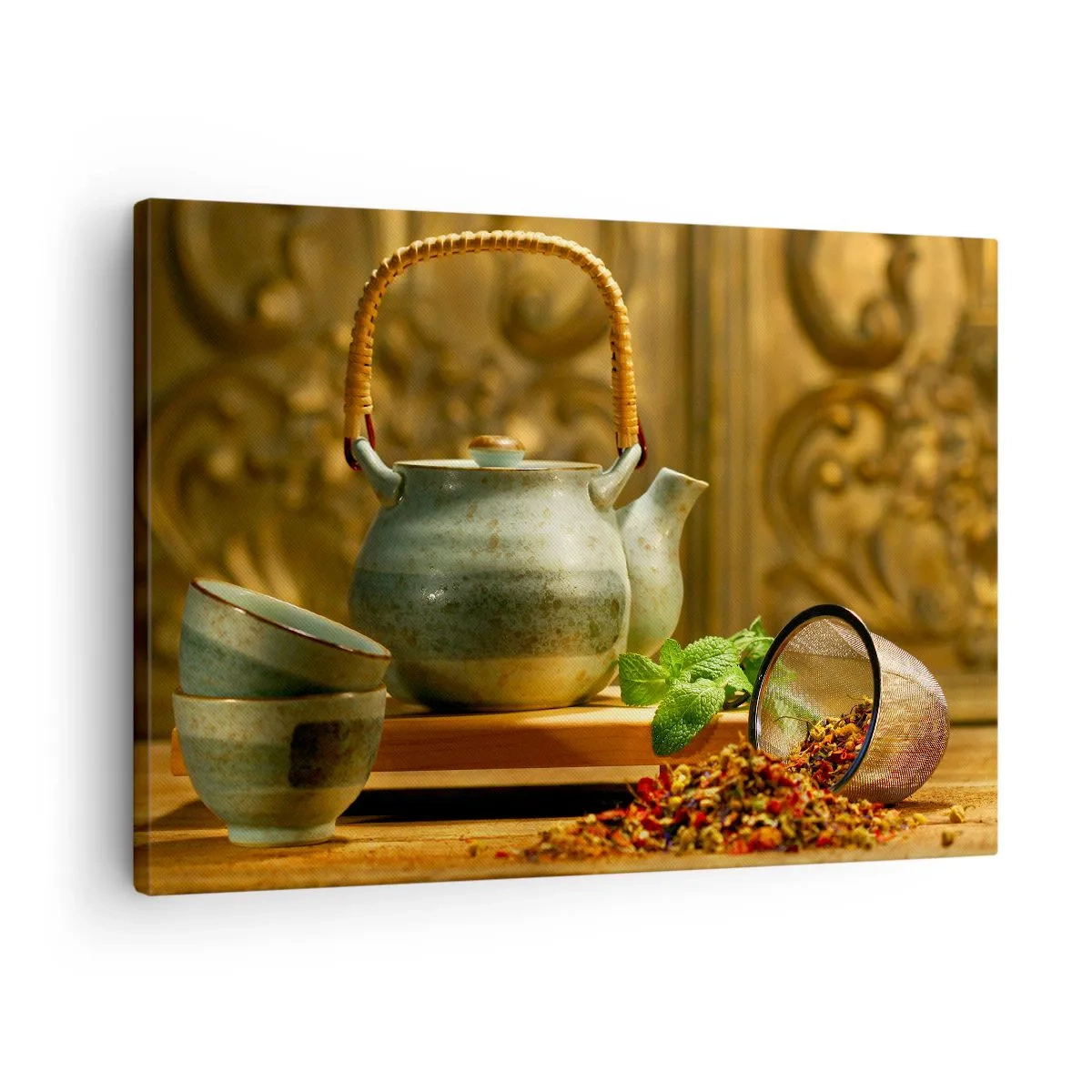 Obraz na płótnie - Ceramiczny dzbanek z filiżankami i suszem herbacianym - 70x50cm - Traktat o piciu herbaty - Nowoczesna dekoracja ścienna do salonu i sypialni ARTTOR
