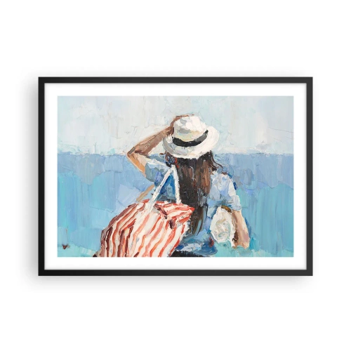 Plakat w czarnej ramie - Kobieta w kapeluszu na tle błękitnego morza - 70x50cm - Witaj na wakacjach - Nowoczesna dekoracja ścienna do salonu i sypialni ARTTOR