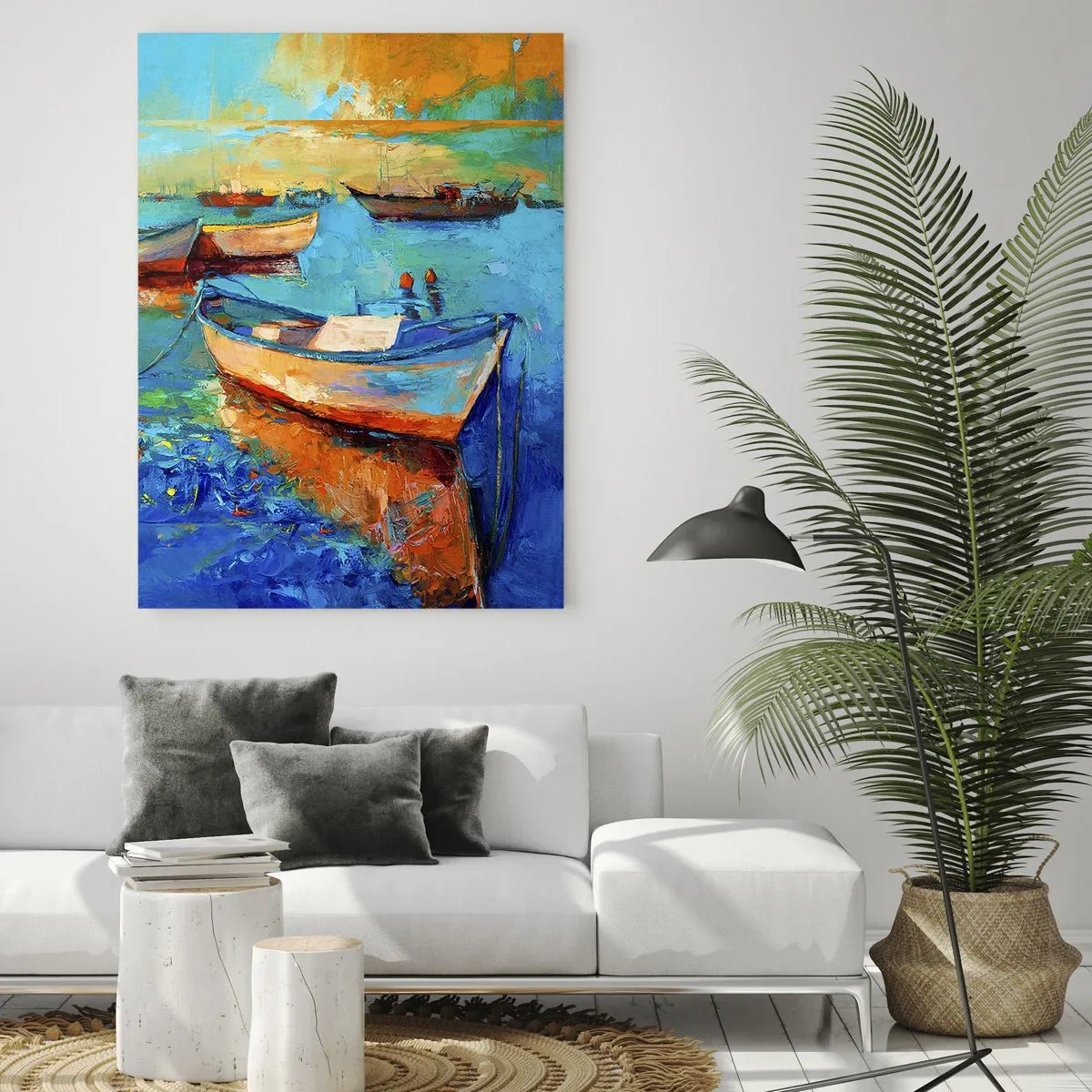 Obraz na szkle - Kolorowe łodzie na spokojnym wodnym tle - 50x70cm - W południowej zatoce - Nowoczesna dekoracja ścienna do salonu, kuchni i sypialni ARTTOR