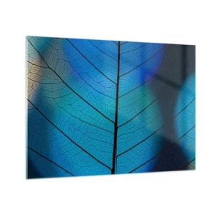Obraz na szkle - Zbliżenie błękitnego liścia z widoczną strukturą żyłek - 70x50cm - Misterna budowa - Nowoczesna dekoracja ścienna do salonu i sypialni ARTTOR