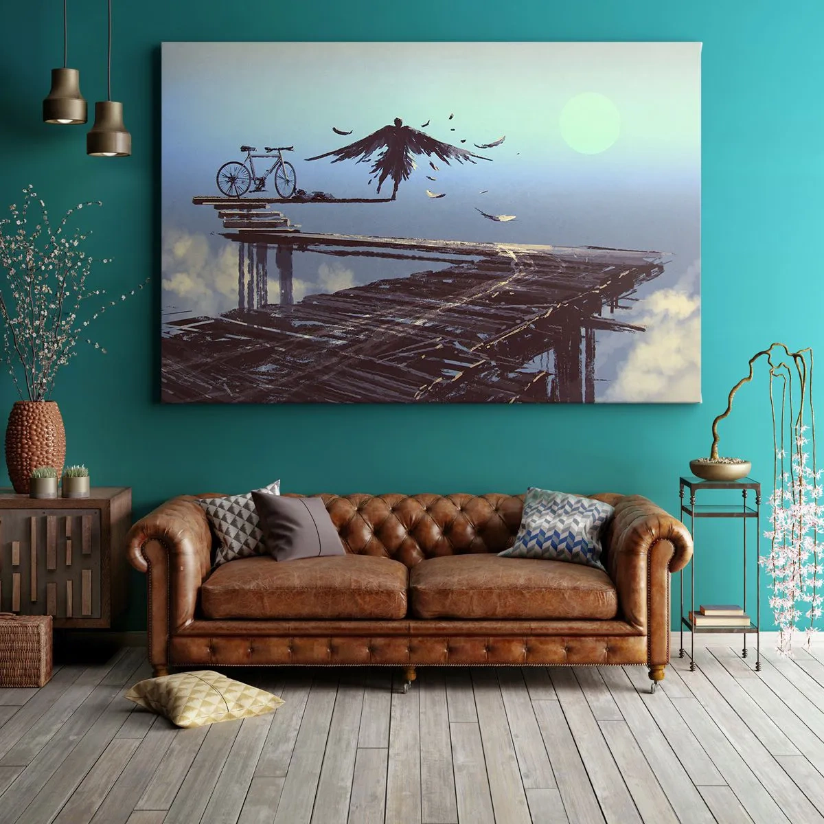 Obraz na płótnie - Postać z piórami unosząca się nad drewnianym pomostem przy rowerze - 70x50cm - Ikar wiecznie żywy - Nowoczesna dekoracja ścienna do salonu i sypialni ARTTOR
