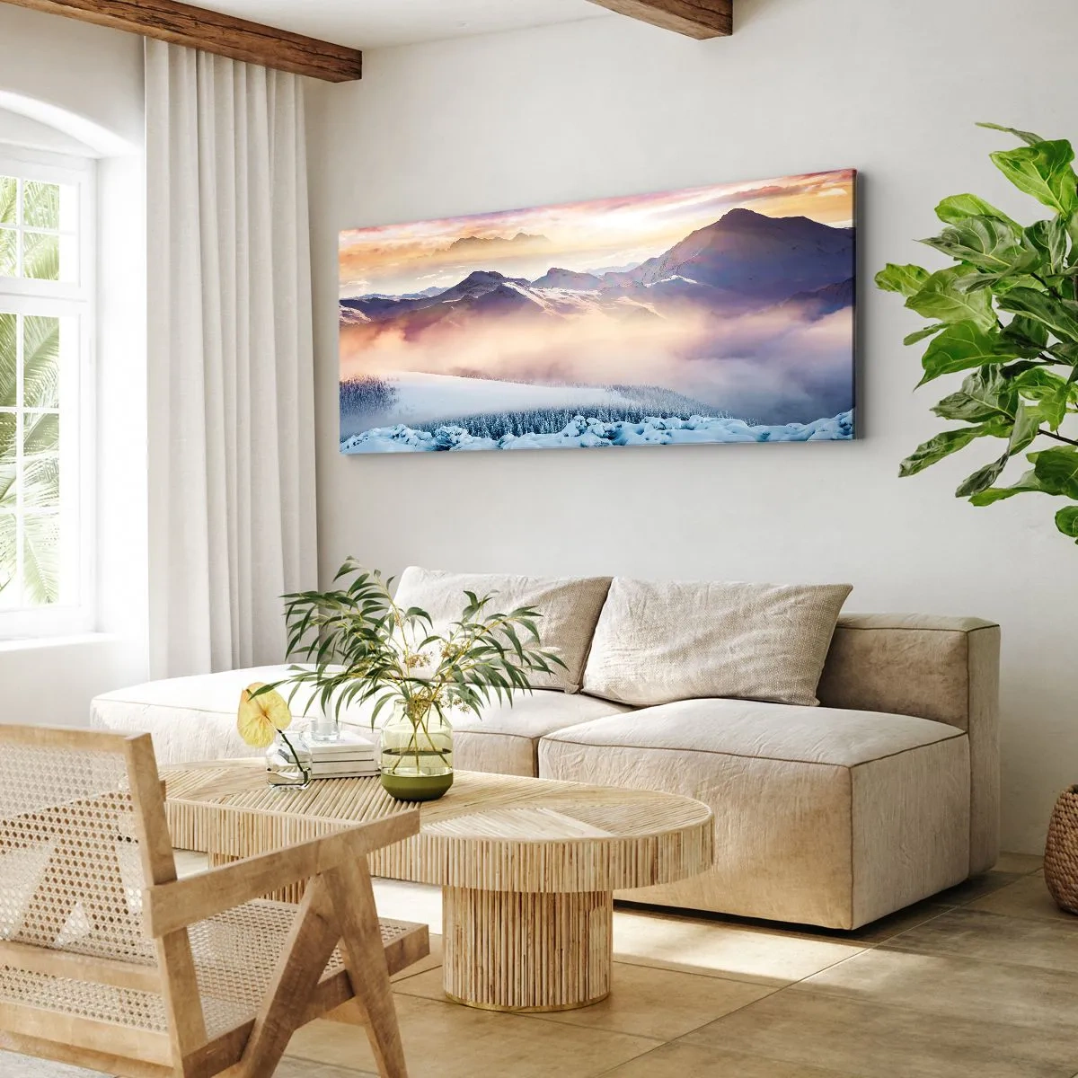 Obraz na płótnie - Zaśnieżone góry o świcie z kolorowym niebem - 160x50cm - Siła i czystość natury - Nowoczesna dekoracja ścienna do salonu i sypialni ARTTOR