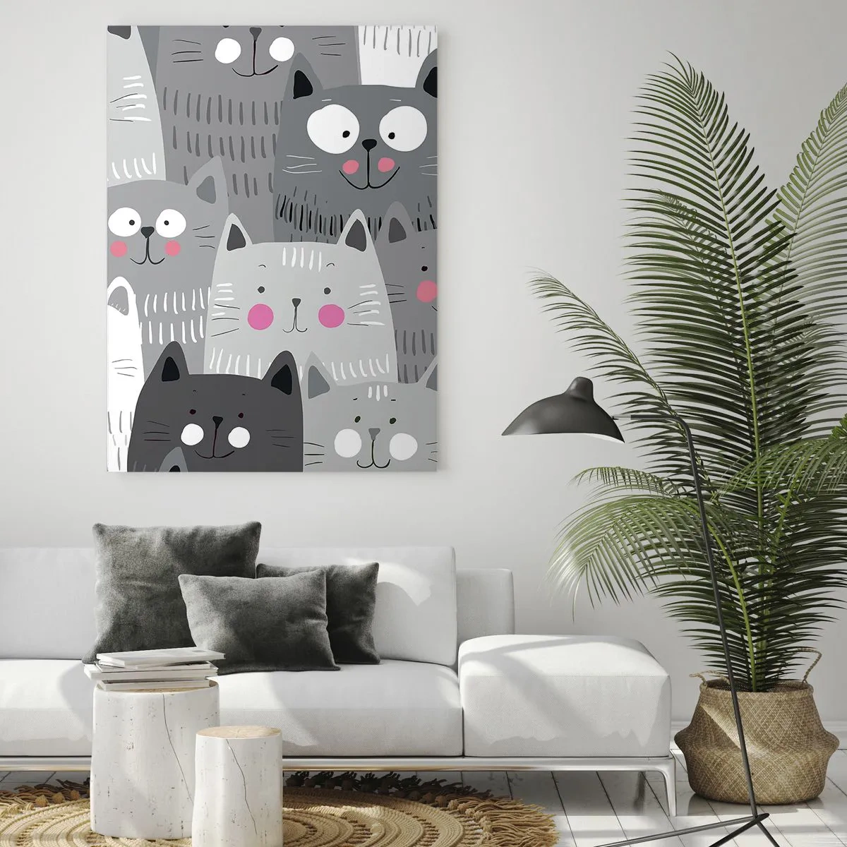 Obraz na szkle - Zabawne koty w szarej kolorystyce na białym tle - 50x70cm - Koci świat - Nowoczesna dekoracja ścienna do salonu, kuchni i sypialni ARTTOR