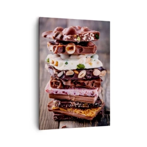 Obraz na płótnie - Apetyczna kompozycja warstw czekolady z orzechami, owocami i bakaliami na drewnianym tle - 50x70cm - Rozkoszna perspektywa - Nowoczesna dekoracja ścienna do salonu, kuchni i sypialni ARTTOR