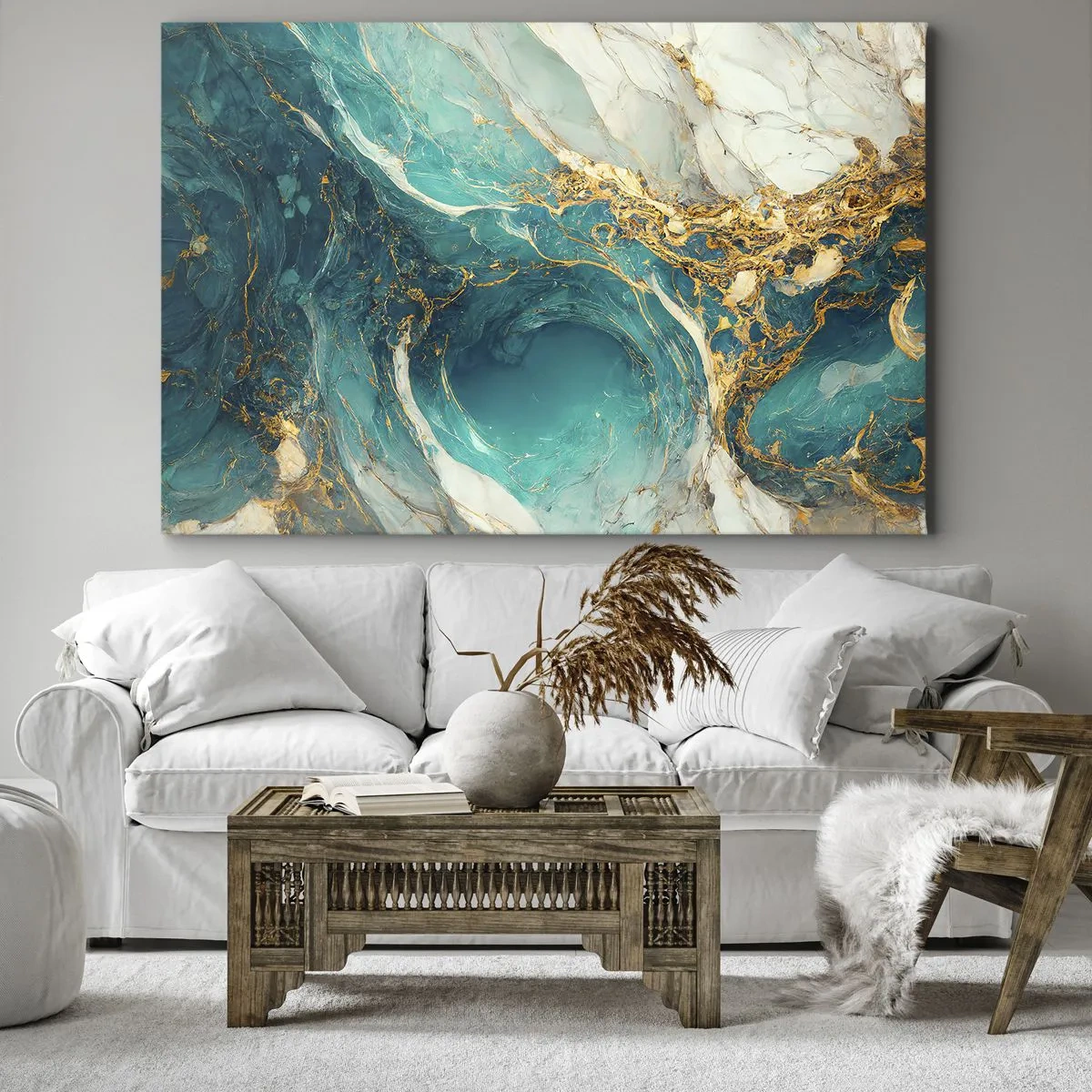 Obraz na płótnie - Abstrakcyjna kompozycja w odcieniach turkusu i złota - 70x50cm - Kompozycja z żyłami złota - Nowoczesna dekoracja ścienna do salonu i sypialni ARTTOR