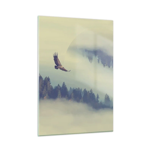 Obraz na szkle - Orzeł w locie nad lasem spowitym mgłą z surrealistycznym odbiciem - 50x70cm - Widziałam orła cień - Nowoczesna dekoracja ścienna do salonu, kuchni i sypialni ARTTOR
