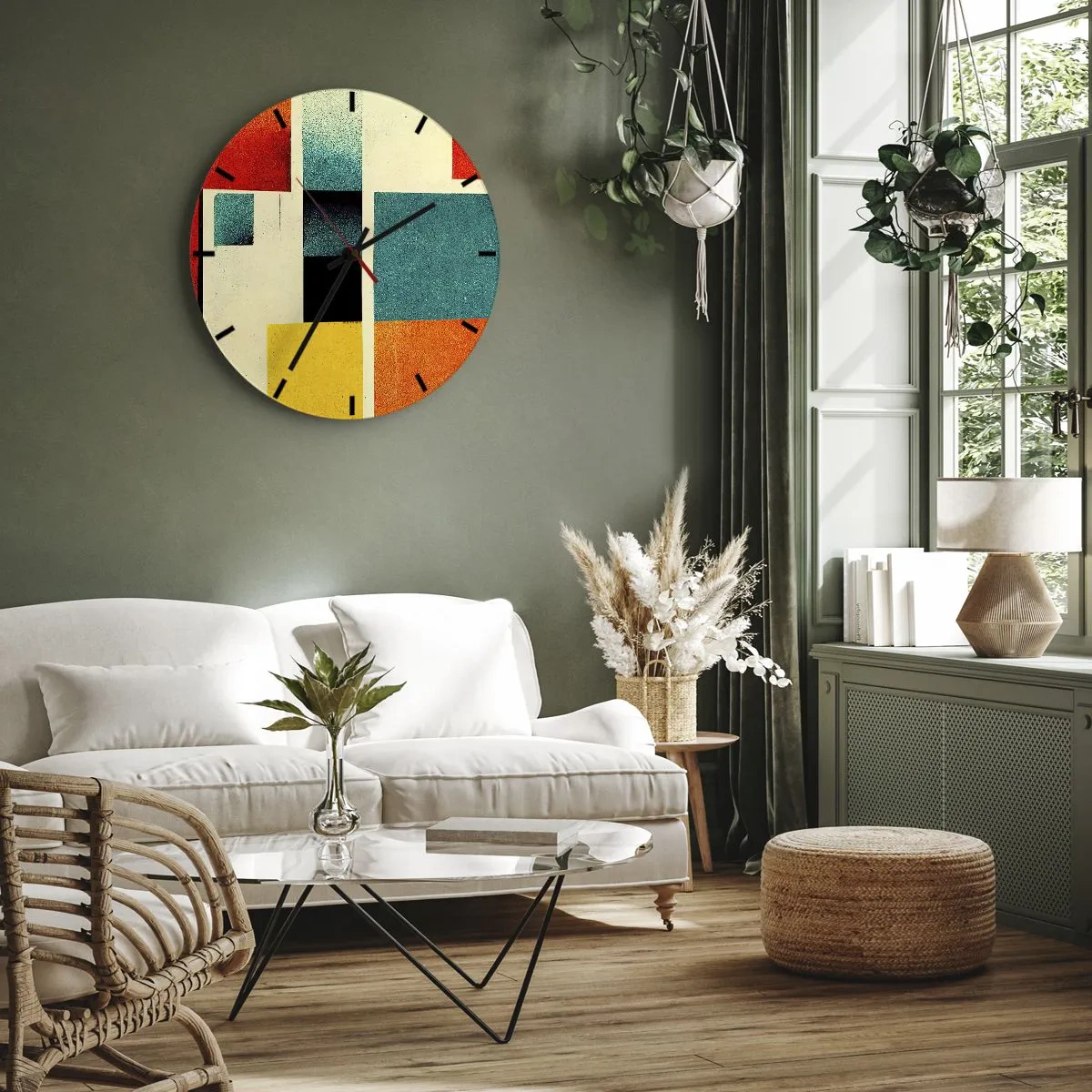 Zegar ścienny - Geometryczna kompozycja z kolorowych prostokątów na jasnym tle - 30x30cm - Abstrakcja geometryczna – dobra energia - Nowoczesna dekoracja ścienna do salonu, kuchni i sypialni ARTTOR