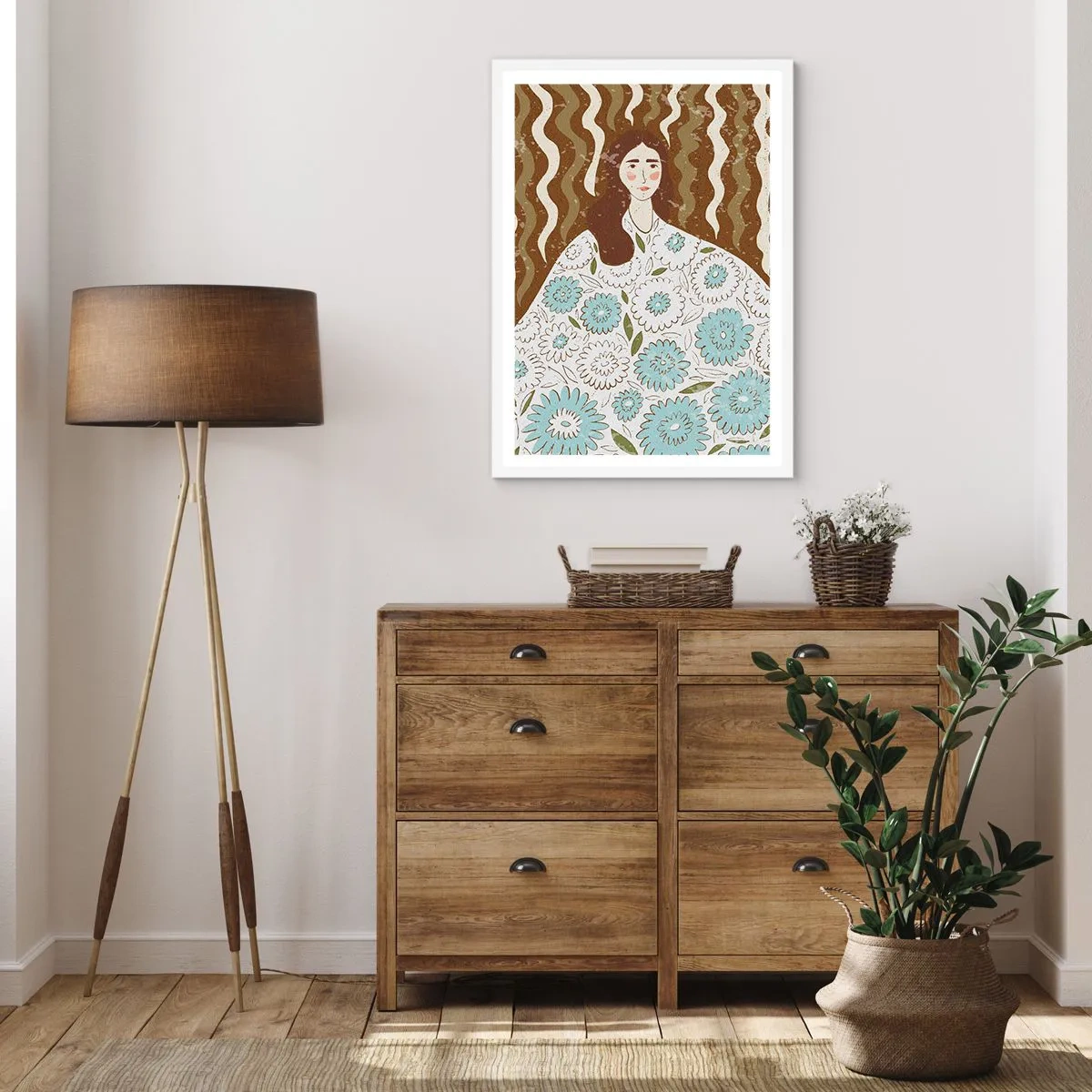 Plakat w białej ramie - Portret w kwiecistej szacie - 70x100 cm
