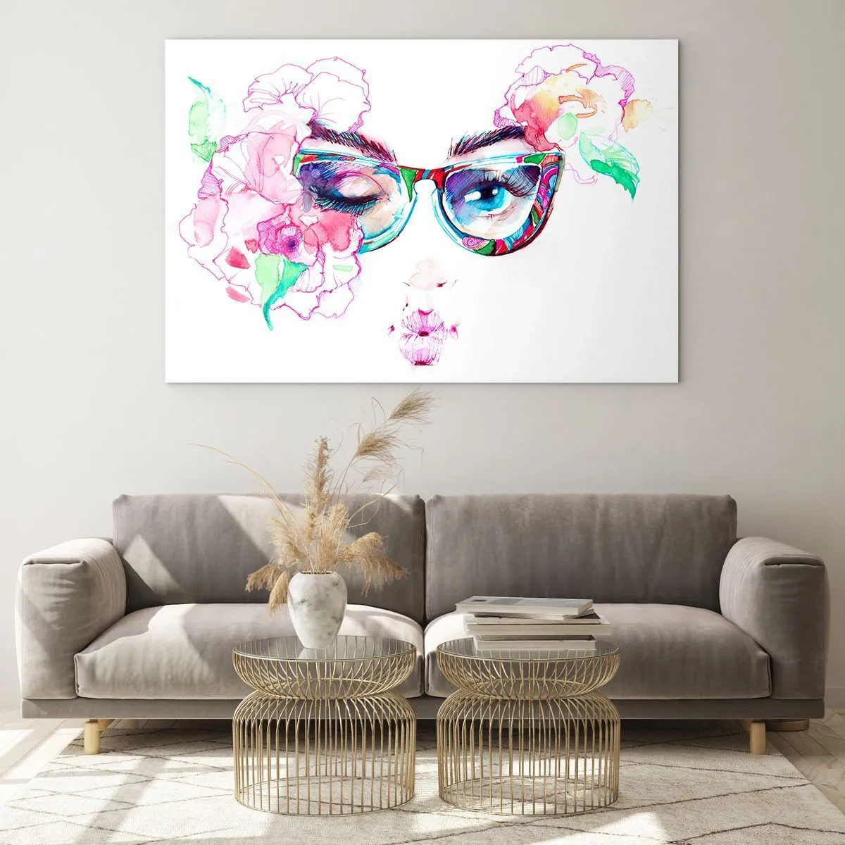 Obraz na szkle - Kobiece oczy z kwiatami i kolorowymi okularami w stylu akwareli - 100x70cm - Kusząca obietnica - Nowoczesna dekoracja ścienna do salonu, kuchni i sypialni ARTTOR