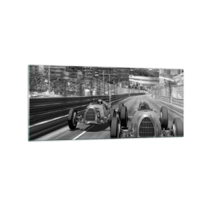 Obraz na szkle - Monochromatyczna scena wyścigu retro samochodów - 120x50cm - Dawno temu w Monte Carlo - Nowoczesna dekoracja ścienna do salonu i sypialni ARTTOR