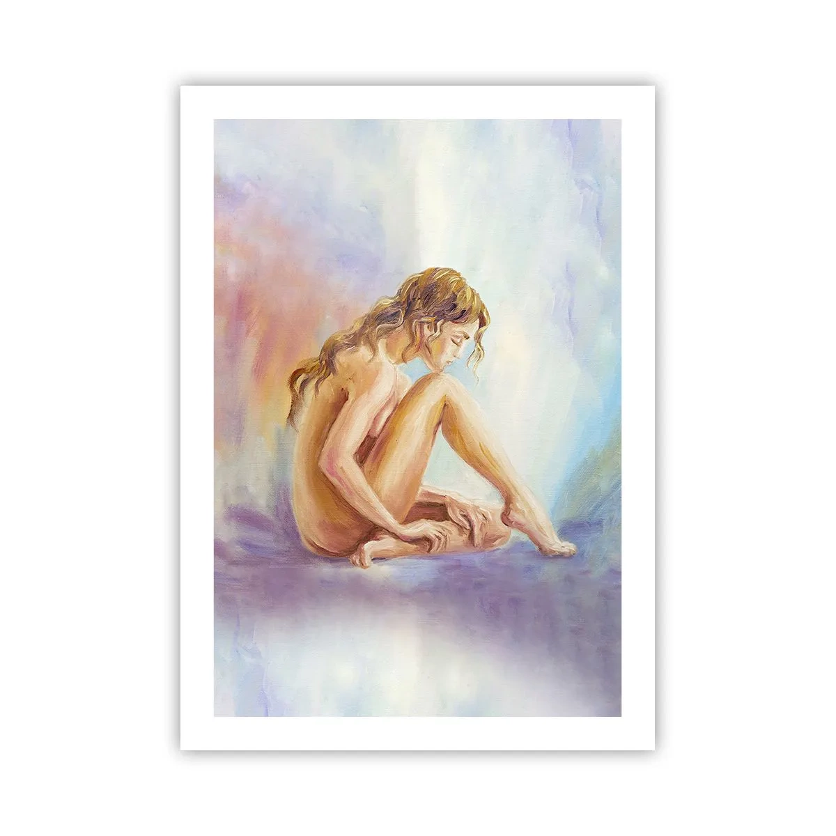 Plakat - Kobieta w zamyśleniu na pastelowym tle - 50x70cm - Akt młodości - Nowoczesna dekoracja ścienna do salonu, kuchni i sypialni ARTTOR