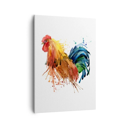 Obraz na płótnie - Akwarelowy kogut w żywych kolorach - 50x70cm - Królewska szata, królewska duma - Nowoczesna dekoracja ścienna do salonu, kuchni i sypialni ARTTOR
