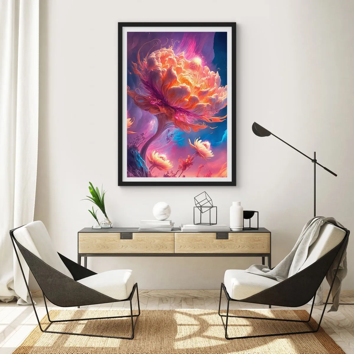 Plakat w czarnej ramie - Fantastyczne drzewo w kształcie rozkwitającego kwiatu - 50x70cm - Inny świat - Nowoczesna dekoracja ścienna do salonu i sypialni ARTTOR