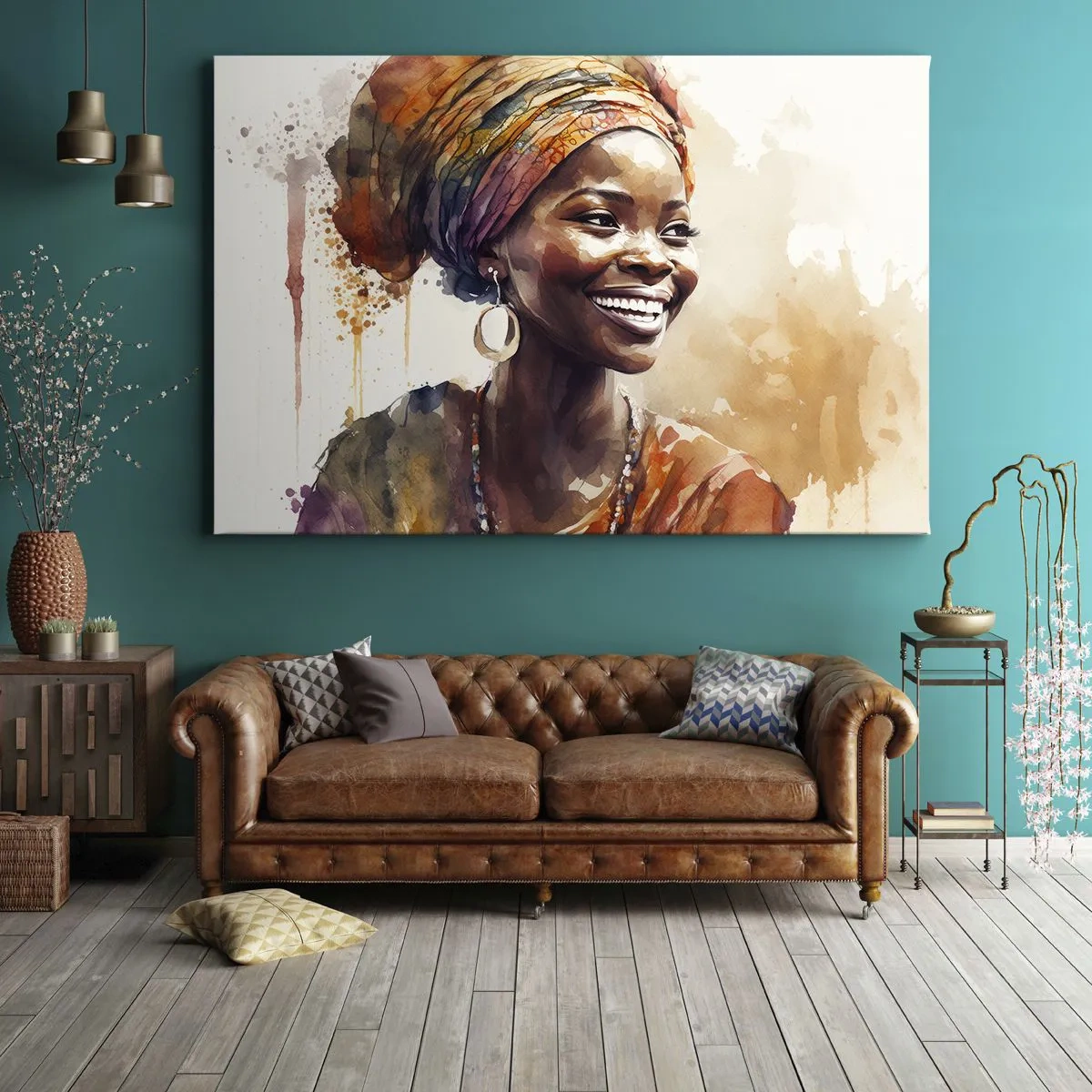 Obraz na płótnie - Portret uśmiechniętej kobiety w kolorowej chuście akwarelą - 70x50cm - Afrykańska królowa - Nowoczesna dekoracja ścienna do salonu i sypialni ARTTOR