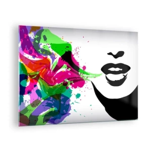 Obraz na szkle - Kolorowa abstrakcja z kobiecym profilem i plamami barw - 70x50cm - Opowieść w kolorach tęczy - Nowoczesna dekoracja ścienna do salonu i sypialni ARTTOR