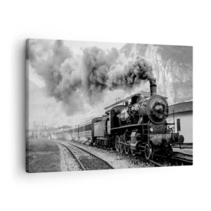 Obraz na płótnie - Stoi na stacji… - Czarno-biała lokomotywa parowa na tle górskiego krajobrazu - 70x50cm