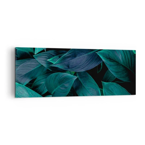 Obraz na płótnie - Zbliżenie na zielone liście z ciemnym tłem - 140x50cm - Zieleń sama w sobie - Nowoczesna dekoracja ścienna do salonu i sypialni ARTTOR