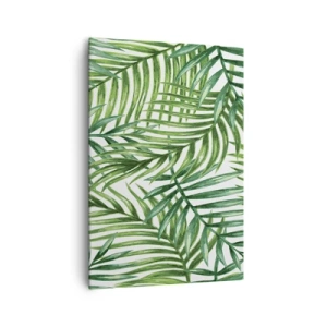 Obraz na płótnie - Zielone liście tropikalnych palm na jasnym tle - 70x100cm - Pod zielonym baldachimem - Nowoczesna dekoracja ścienna do salonu i sypialni ARTTOR