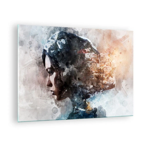 Obraz na szkle - Profil kobiety w akwarelowym stylu z miastem w tle - 70x50cm - Opowieść o dziewczynie z miastem w tle - Nowoczesna dekoracja ścienna do salonu i sypialni ARTTOR