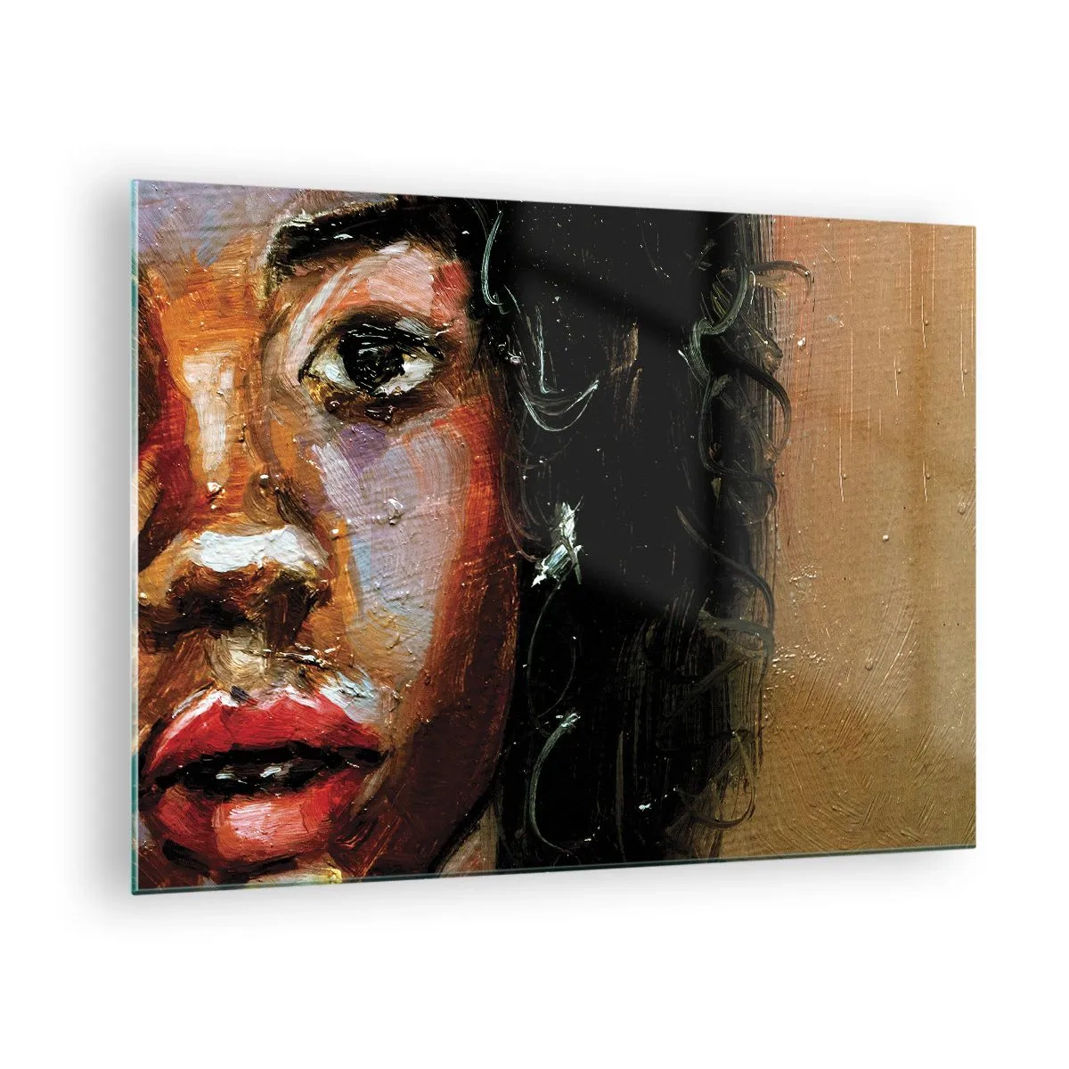 Obraz na szkle - Fragment kolorowego portretu kobiety w stylu malarskim - 70x50cm - Czerń i blask - Nowoczesna dekoracja ścienna do salonu i sypialni ARTTOR
