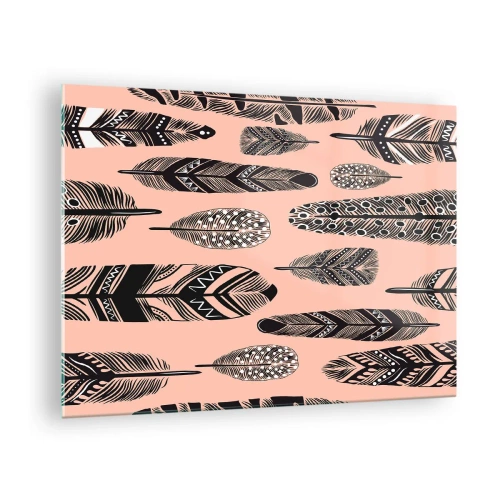 Obraz na szkle - Dekoracyjne pióra w czarno-białe wzory na różowym tle - 70x50cm - Indiańska kolekcja - Nowoczesna dekoracja ścienna do salonu i sypialni ARTTOR