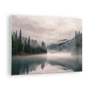 Obraz na szkle - Poranny widok na jezioro w lesie, otulone mgłą - 70x50cm - W zadumie, we mgle - Nowoczesna dekoracja ścienna do salonu i sypialni ARTTOR