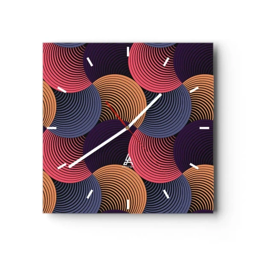 Zegar ścienny - Geometryczne kręgi w odcieniach różu, fioletu i złota - 30x30cm - W kolistym rytmie - Nowoczesna dekoracja ścienna do salonu i sypialni ARTTOR