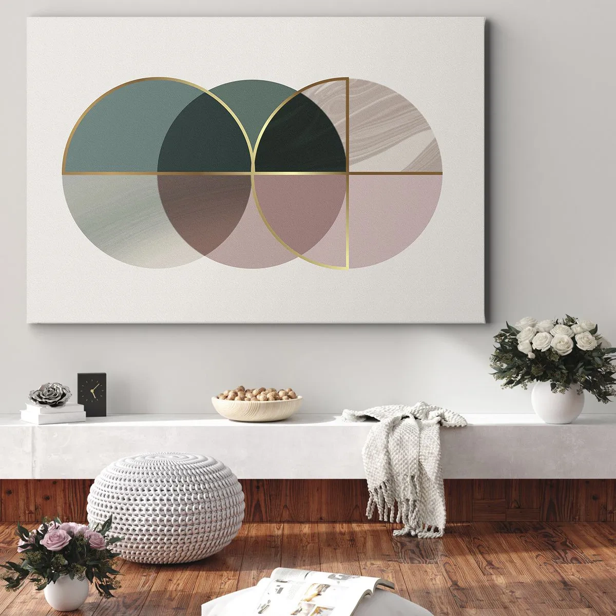 Obraz na płótnie - Abstrakcyjna kompozycja geometrycznych kształtów i złotych linii - 70x50cm - Koło za kołem… - Nowoczesna dekoracja ścienna do salonu i sypialni ARTTOR