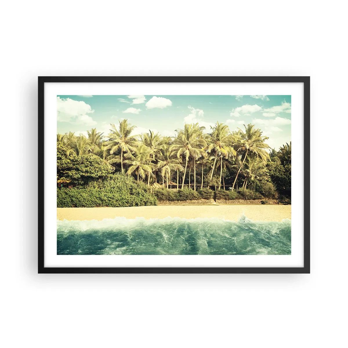 Plakat w czarnej ramie - Tropikalna plaża z palmami i turkusowym morzem - 70x50cm - A może tutaj? - Nowoczesna dekoracja ścienna do salonu i sypialni ARTTOR