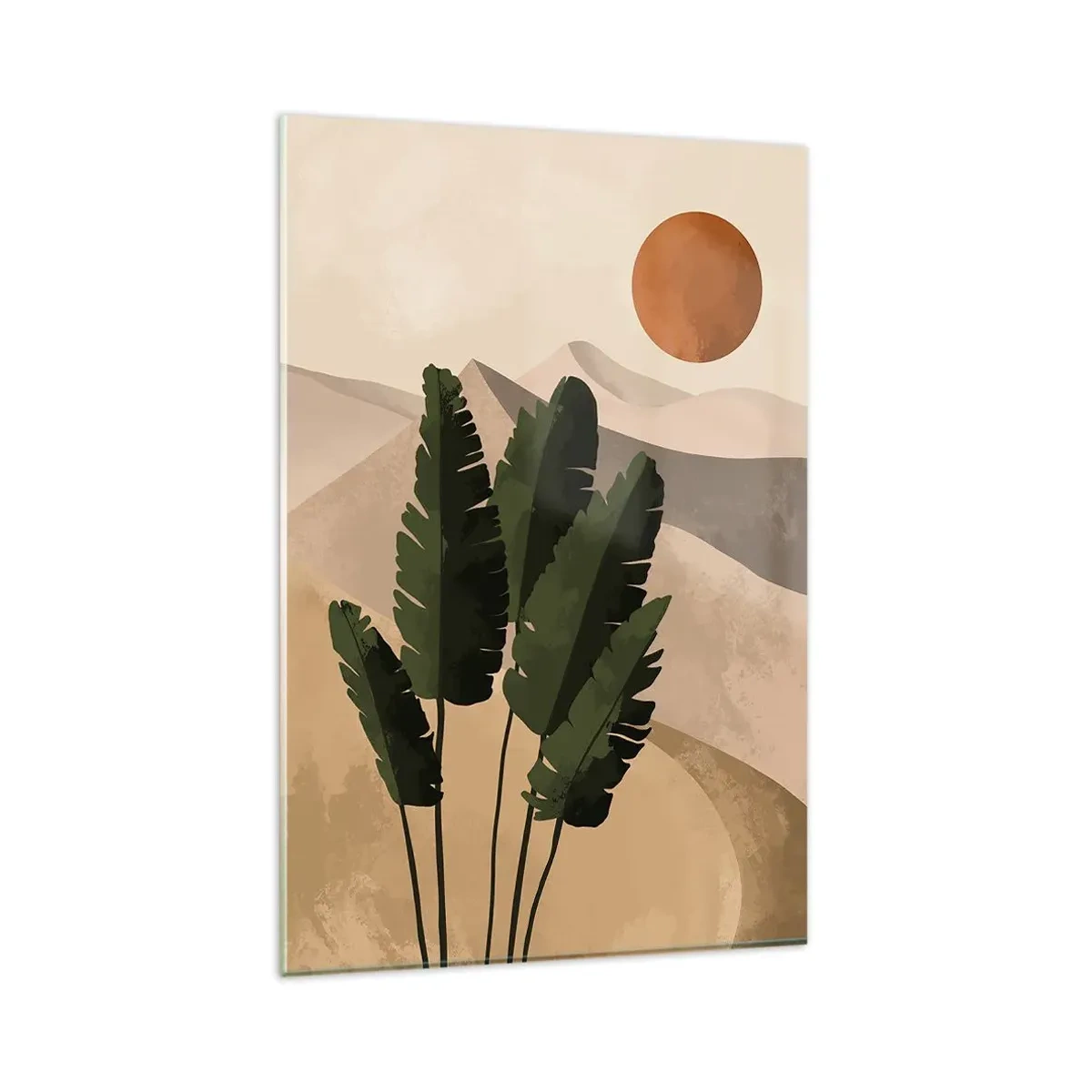 Obraz na szkle - Palmy na tle pustynnych gór i zachodzącego słońca w ciepłych barwach - 80x120cm - Triumf życia - Nowoczesna dekoracja ścienna do salonu i sypialni ARTTOR