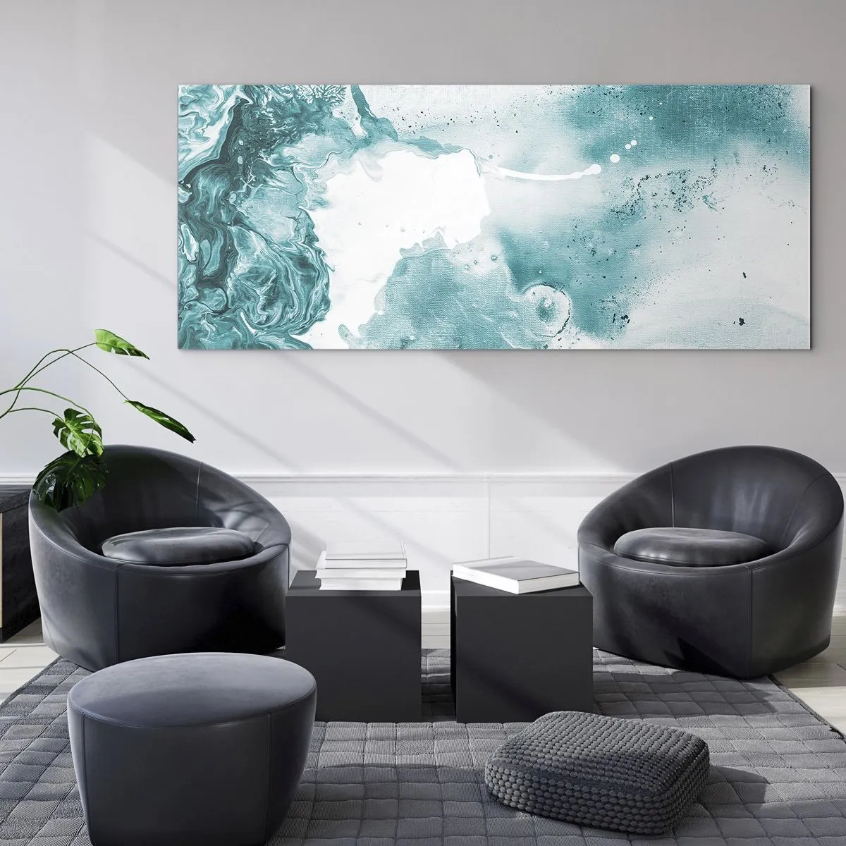 Obraz na szkle - Abstrakcja w odcieniach błękitu z delikatnymi akcentami bieli - 120x50cm - Rozlewiska błękitu - Nowoczesna dekoracja ścienna do salonu i sypialni ARTTOR