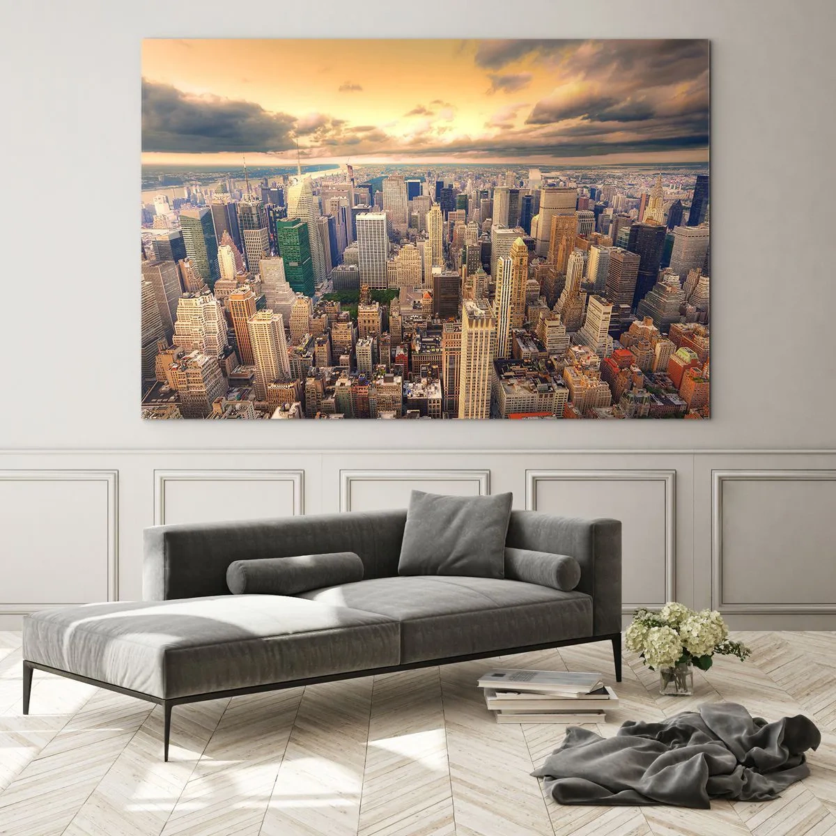 Obraz na szkle - Panorama miasta z wieżowcami o zachodzie słońca - 120x80cm - Wyzłocone metropolis - Nowoczesna dekoracja ścienna do salonu, kuchni i sypialni ARTTOR