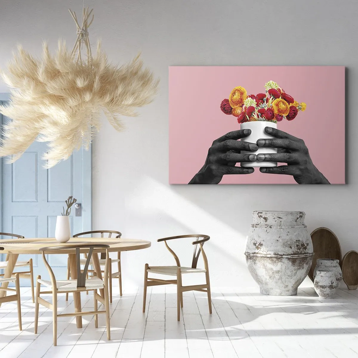 Obraz na płótnie - Dłonie trzymające bukiet kolorowych kwiatów - 70x50cm - Apoteoza życia - Nowoczesna dekoracja ścienna do salonu i sypialni ARTTOR