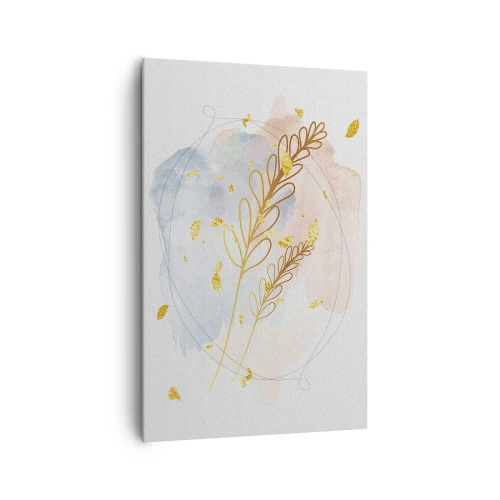 Obraz na płótnie - Delikatny motyw liści w złotym kolorze na pastelowym tle z akwarelowymi detalami - 80x120cm - Złoty podmuch - Nowoczesna dekoracja ścienna do salonu i sypialni ARTTOR