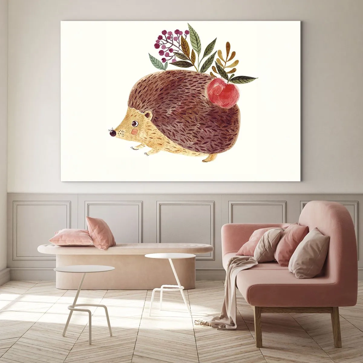 Obraz na szkle - Rysunkowy jeż z jabłkiem i gałązkami na grzbiecie - 70x50cm - I już mnie lubisz - Nowoczesna dekoracja ścienna do salonu i sypialni ARTTOR