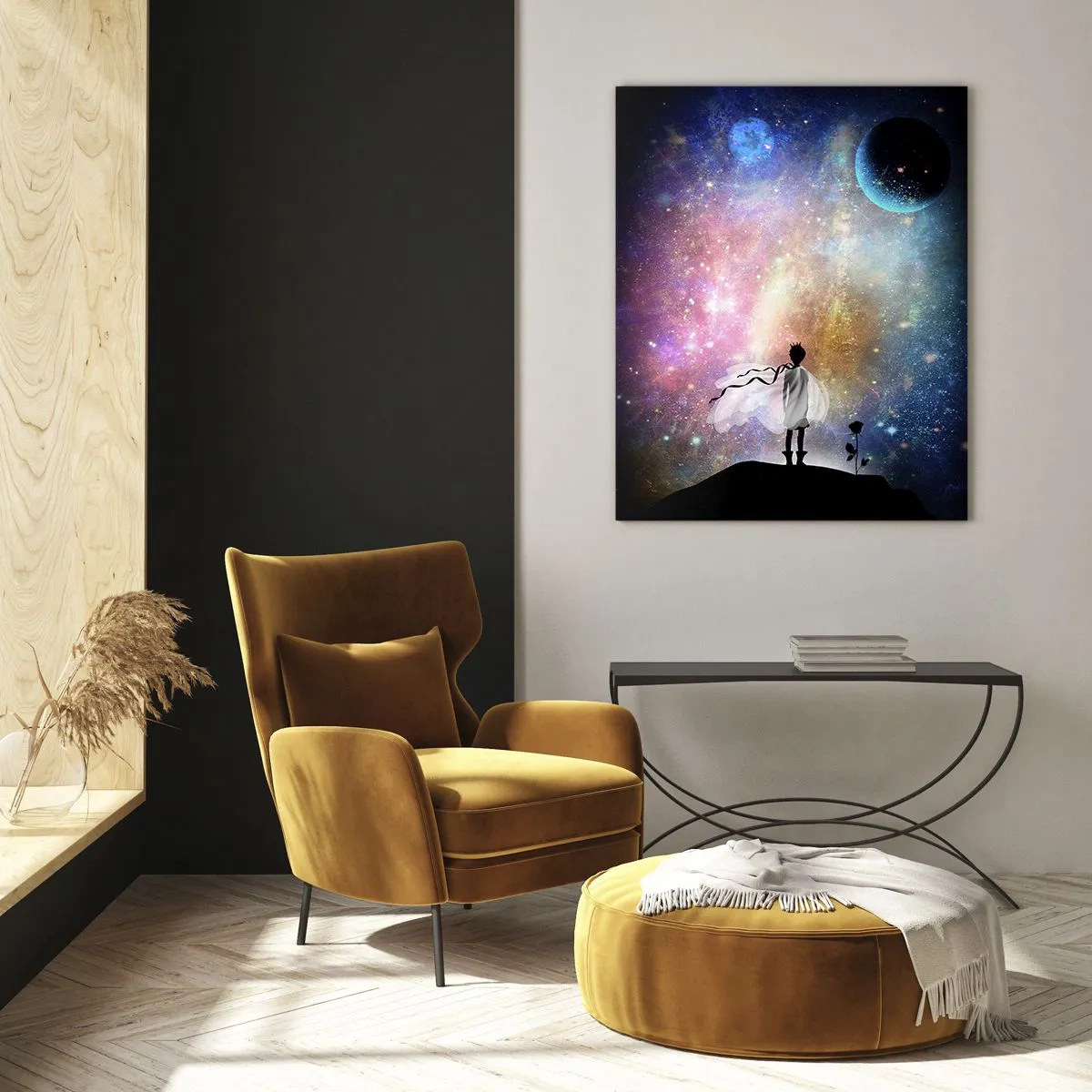 Obraz na szkle - Magiczny portret Małego Księcia stojącego na planecie w otoczeniu gwiazd i planet - 70x100cm - Mały Książę - Nowoczesna dekoracja ścienna do salonu i sypialni ARTTOR