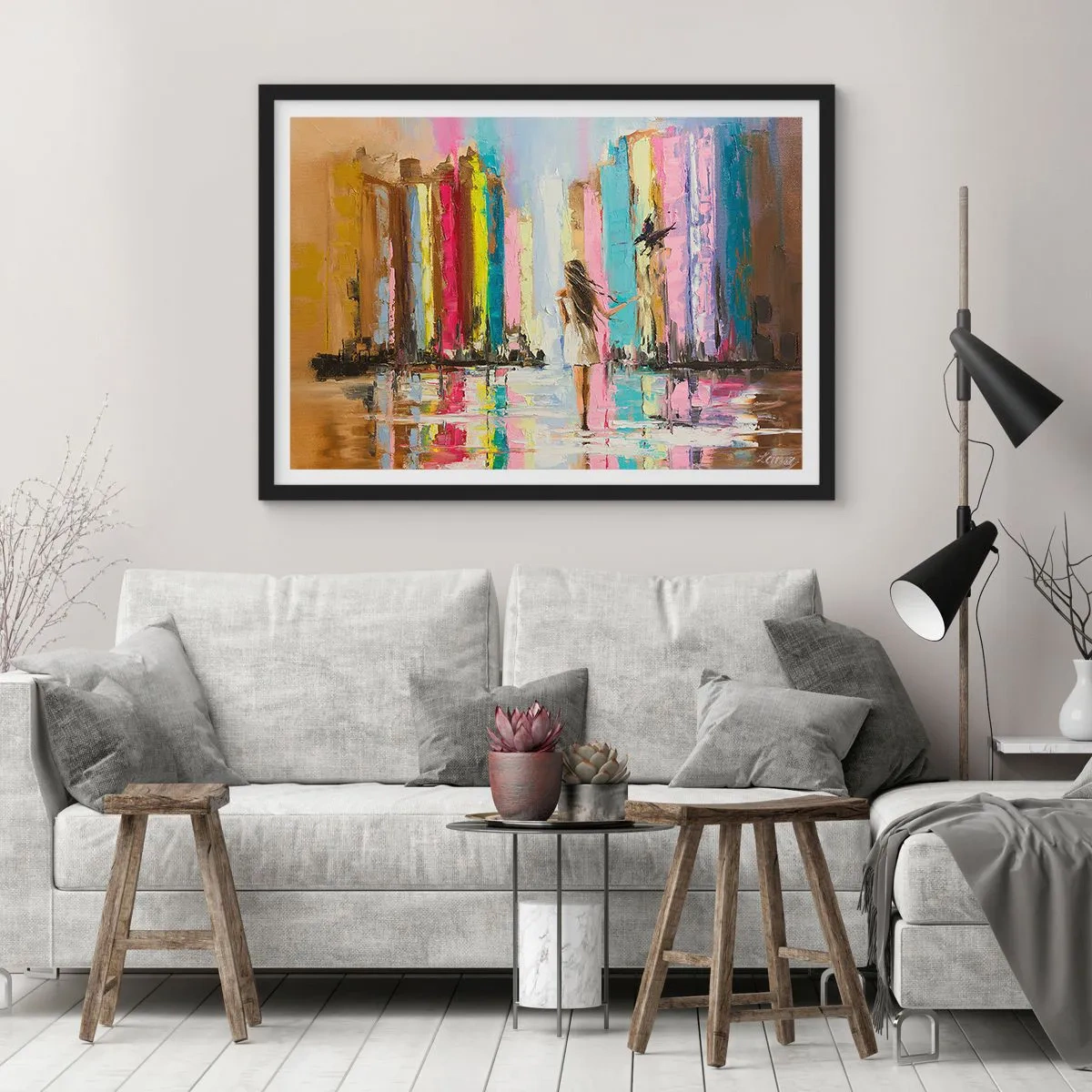Plakat w czarnej ramie - Kolorowe miasto i kobieta w białej sukni z ptakiem - 70x50cm - Idż za mną - Nowoczesna dekoracja ścienna do salonu i sypialni ARTTOR