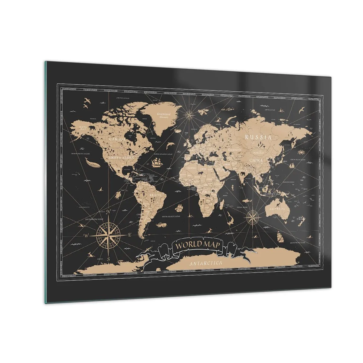 Obraz na szkle - Stylizowana mapa świata w odcieniach beżu i czerni - 70x50cm - Granice mojego świata - Nowoczesna dekoracja ścienna do salonu i sypialni ARTTOR